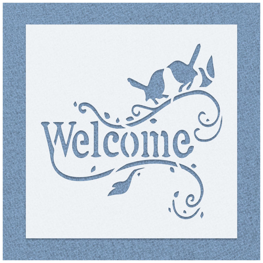 Welcome with Bird and Leaves Stencil